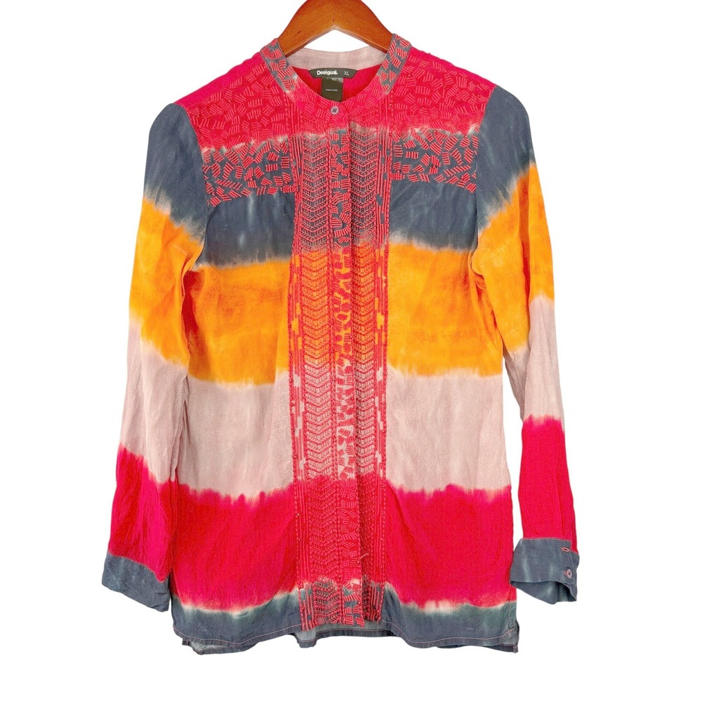 Desigual‎ Silk Button Down Shirt Womens XL Red Tie Dye Embroidered Long Sleeve